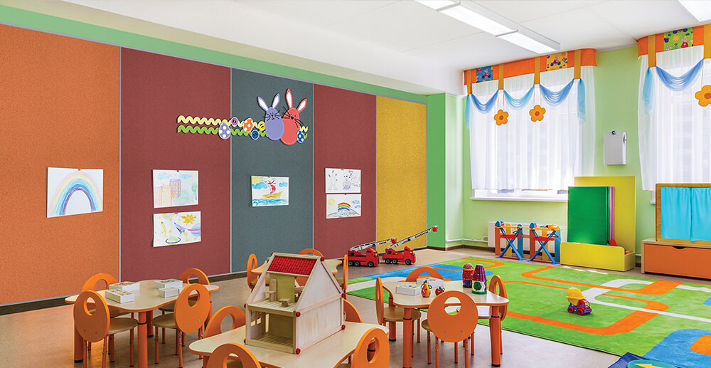 Daycare centre with several cork boards of different colours