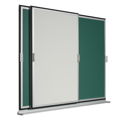 Horizontal sliding board with a stationary writing surface and a sliding writing surface