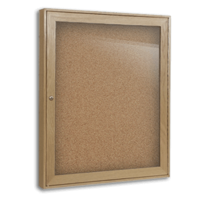 Single glass display case with wood frame, cork surface, and a lock