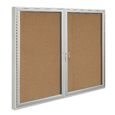 Double glass display case with cork surface, hinged door, and a lock 