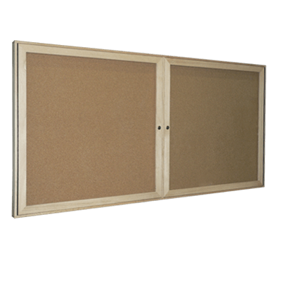 Double glass display case with wood frame cork surface and a lock