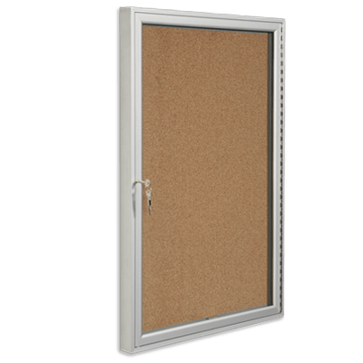 Single glass display case with cork surface, hinged door, and a lock