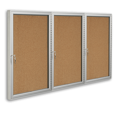 Triple glass display case with cork surface, hinged door, and a lock