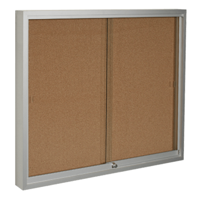 Double glass display case with sliding doors, lock, and a cork display surface