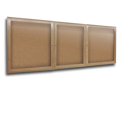 Triple glass display case with wood frame cork surface and a lock